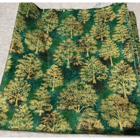 Green & Gold Tree Pattern Fabric Cotton 25x44" Quilting Sewing Craft Supplies - Picture 1 of 2